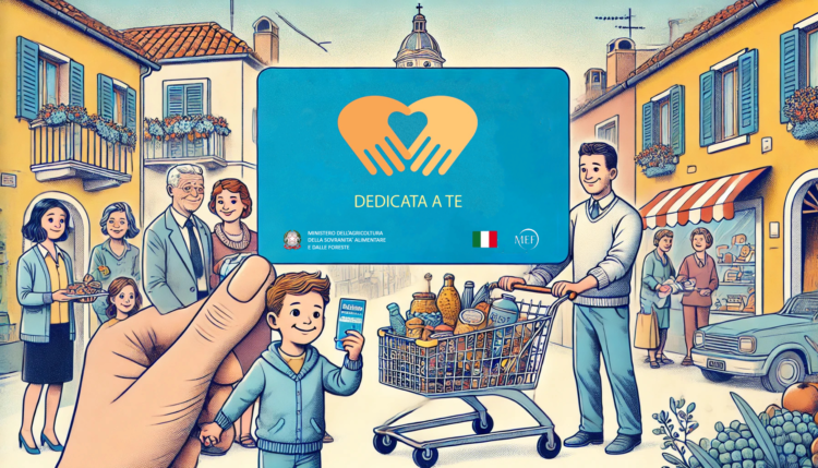 Famiglia italiana che riceve la "Carta Dedicata a Te" da un funzionario governativo in una città italiana, con un carrello della spesa pieno di generi alimentari.
