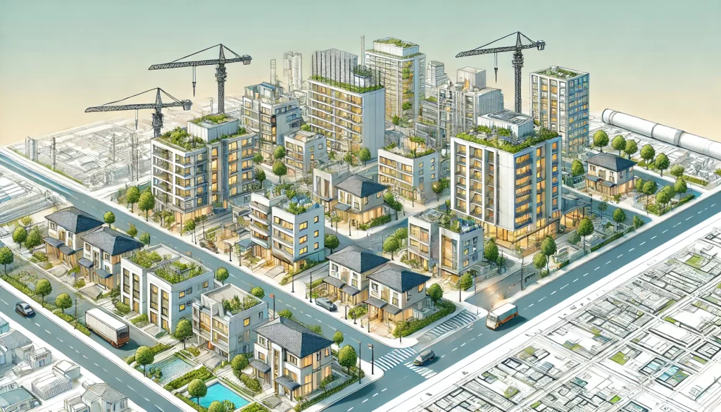 Città moderna con edifici, gru e planimetrie urbanistiche.