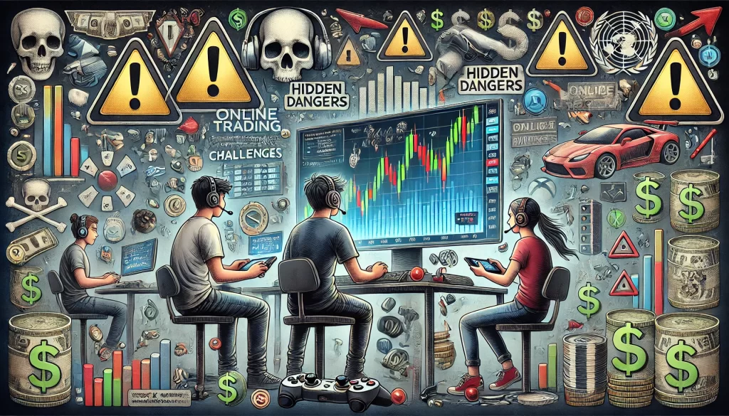 Illustrazione dettagliata dei pericoli nascosti delle sfide di trading online, con giovani investitori che interagiscono con un'interfaccia di mercato azionario, circondati da simboli di avvertimento e elementi di gioco.