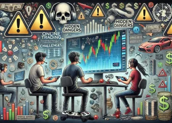 Illustrazione dettagliata dei pericoli nascosti delle sfide di trading online, con giovani investitori che interagiscono con un'interfaccia di mercato azionario, circondati da simboli di avvertimento e elementi di gioco.